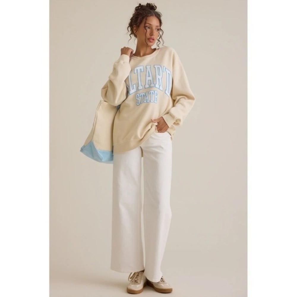 Altar'd State Crewneck Sweatshirt‎ Cream Blue Varsity Pullover Size XS/S